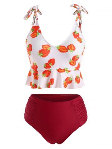 Tied Shoulder Strawberry Print Ruched Tankini Swimwear - DEEP RED - S