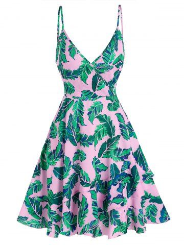 Palm Leaves Print Flounced Overlap Cami Dress - PINK - M