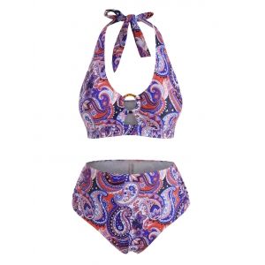 

Plus Size Halter Paisley Print O-ring Ruched Full Covergae Bikini Swimwear, White