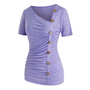 

Plus Size Button Up Ruched Asymmetrical T Shirt, Purple