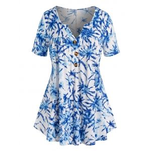 

Plus Size Tie Dye Mock Button V Notched T Shirt, Blue