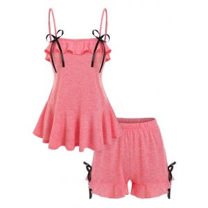 

Bowknot Detail Flounced Heathered Cami Top and Mini Shorts Sleepwear Set, Light pink