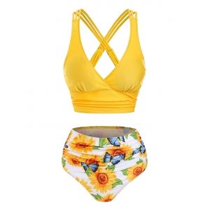

Sunflower Butterfly Print Strappy Ruched Padded Bikini Set, Yellow