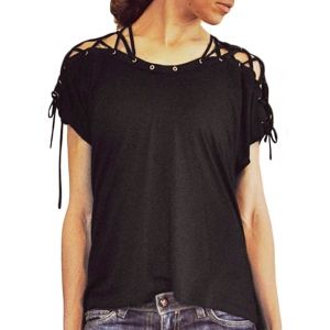 

Lace-up Grommet Detail High Low T-shirt, Black