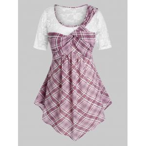

Plus Size Lace Insert Twisted Plaid T Shirt, Light pink