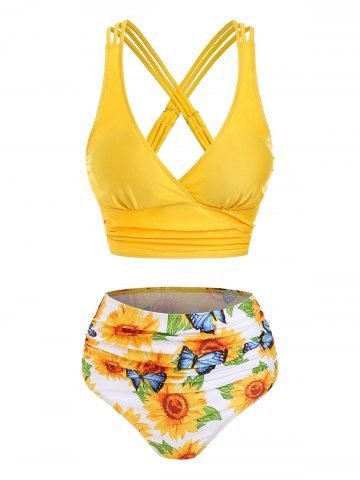 Girasol mariposa impresión tirada acolchada acolchada acolchada conjunto de bikini - YELLOW - XXXL