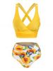 Sunflower Butterfly Print Strappy Ruched Padded Bikini Set -  