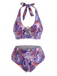 Plus Size Halter Paisley Print O-ring Ruched Full Covergae Bikini Swimwear -  