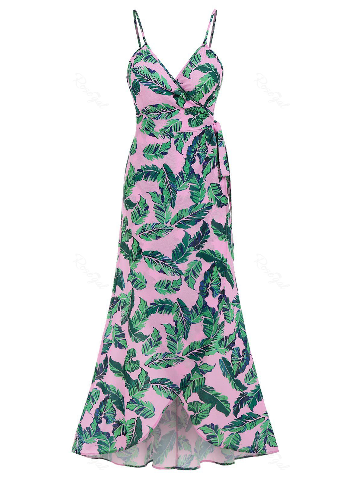 Maxi Robe Portefeuille à Bretelle à Imprimé Feuille de Palmier Vert M