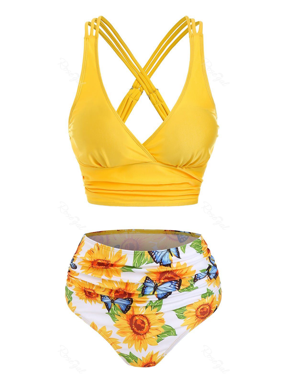 Unique Sunflower Butterfly Print Strappy Ruched Padded Bikini Set  