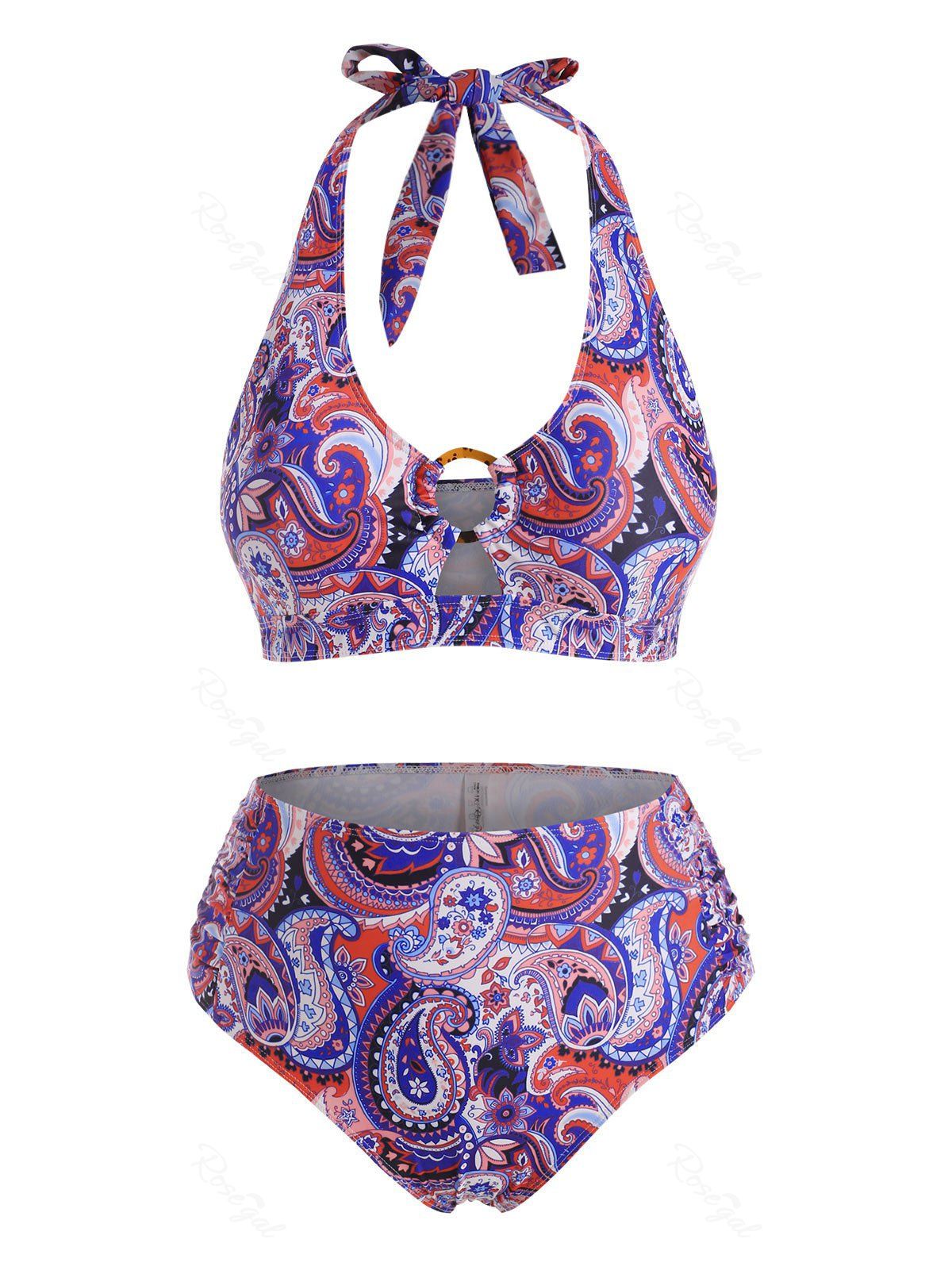 Affordable Plus Size Halter Paisley Print O-ring Ruched Full Covergae Bikini Swimwear  