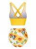 Sunflower Butterfly Print Strappy Ruched Padded Bikini Set -  