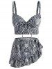 Maillot de Bain Tankini à Imprimé Peau de Serpent à Volants avec Nœud Papillon Trois Pièces - Noir M