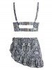 Maillot de Bain Tankini à Imprimé Peau de Serpent à Volants avec Nœud Papillon Trois Pièces - Noir M