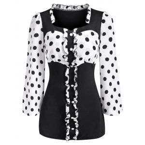 

Ruffle Polka Dot Mock Button T Shirt, Black