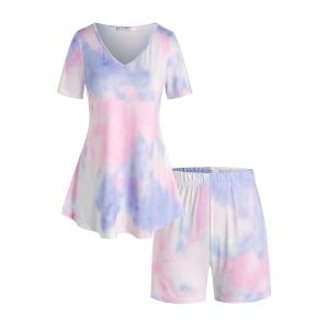 

Plus Size Lounge Tie Dye V Neck Shorts Set, Multi