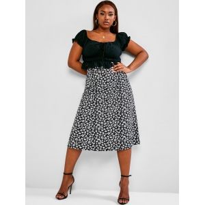 

Plus Size Cinched Ruched Ditsy Print Two Piece Dress, Black