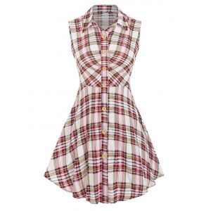 

Sleeveless Plaid Print Button Up Skirted Shirt, White