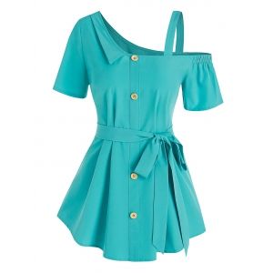 Mock Button Self Tie Blouse, Light blue