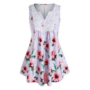 

Plus Size Flower Print Lace Insert V Notch Sleeveless Blouse, Light purple