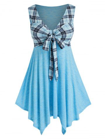 Plus Size & Curve Bowknot Plaid Handkerchief Dress - LIGHT BLUE - L