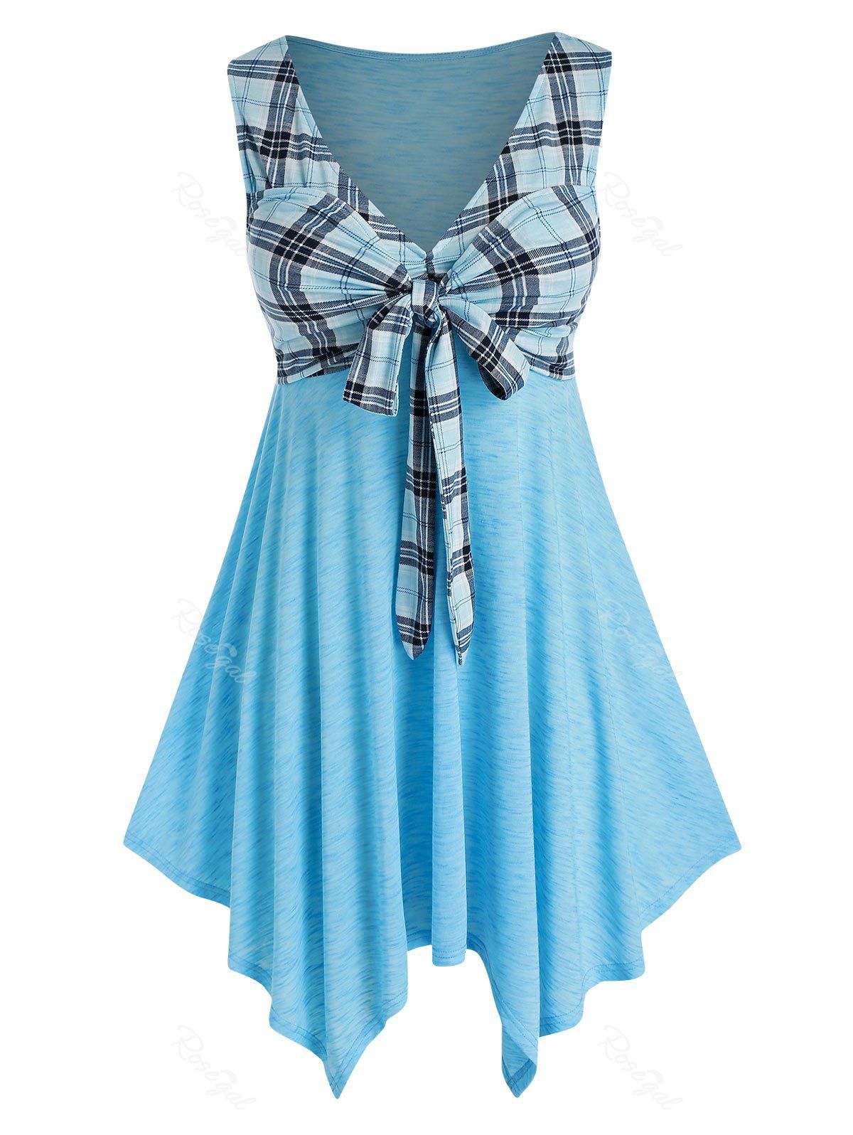 Outfit Plus Size & Curve Bowknot Plaid Handkerchief Dress  