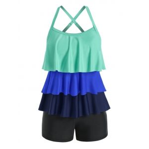 

Plus Size Colorblock Layered Crisscross Tankini Swimwear, Multi
