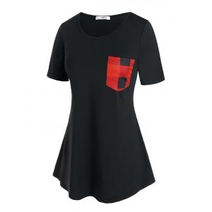 

Plus Size Plaid Pocket Longline T Shirt, Black