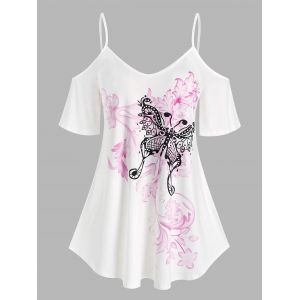 

Plus Size Butterfly Flower Print Cold Shoulder T Shirt, White