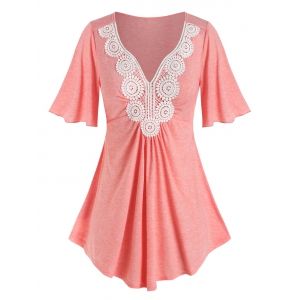 

Plus Size Crochet Lace Pleated T Shirt, Light orange