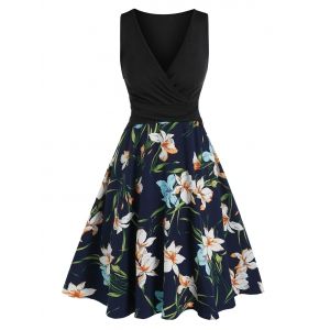 

Flower Printed Flare Surplice Dress, Multi