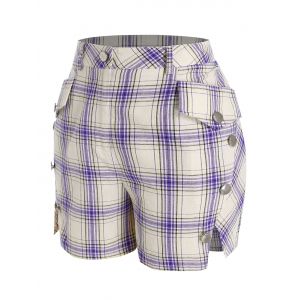 

Plus Size Plaid Slit Pocket Mock Button Shorts, Purple