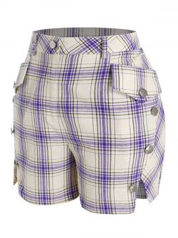 Plus Size Plaid Slit Pocket Mock Button Shorts - PURPLE - 2X
