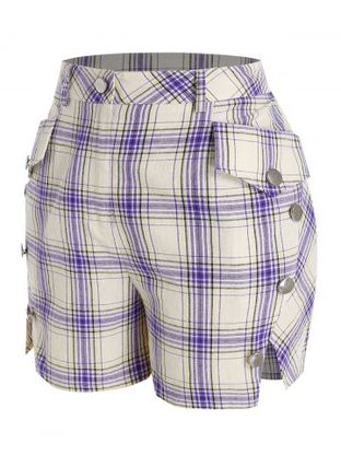 Plus Size Plaid Slit Pocket Mock Button Shorts