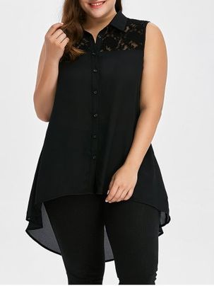 Plus Size & Curve Lace Insert High Low Sleeveless Shirt
