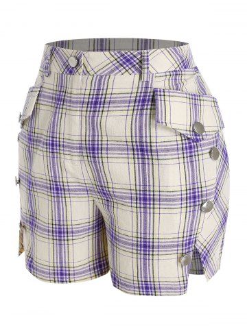 Plus Size Plaid Slit Pocket Mock Button Shorts - PURPLE - L