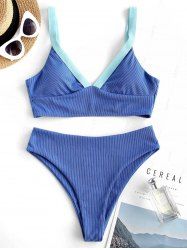 Contrast Ribbed Criss-cross Padded Tankini Set -  