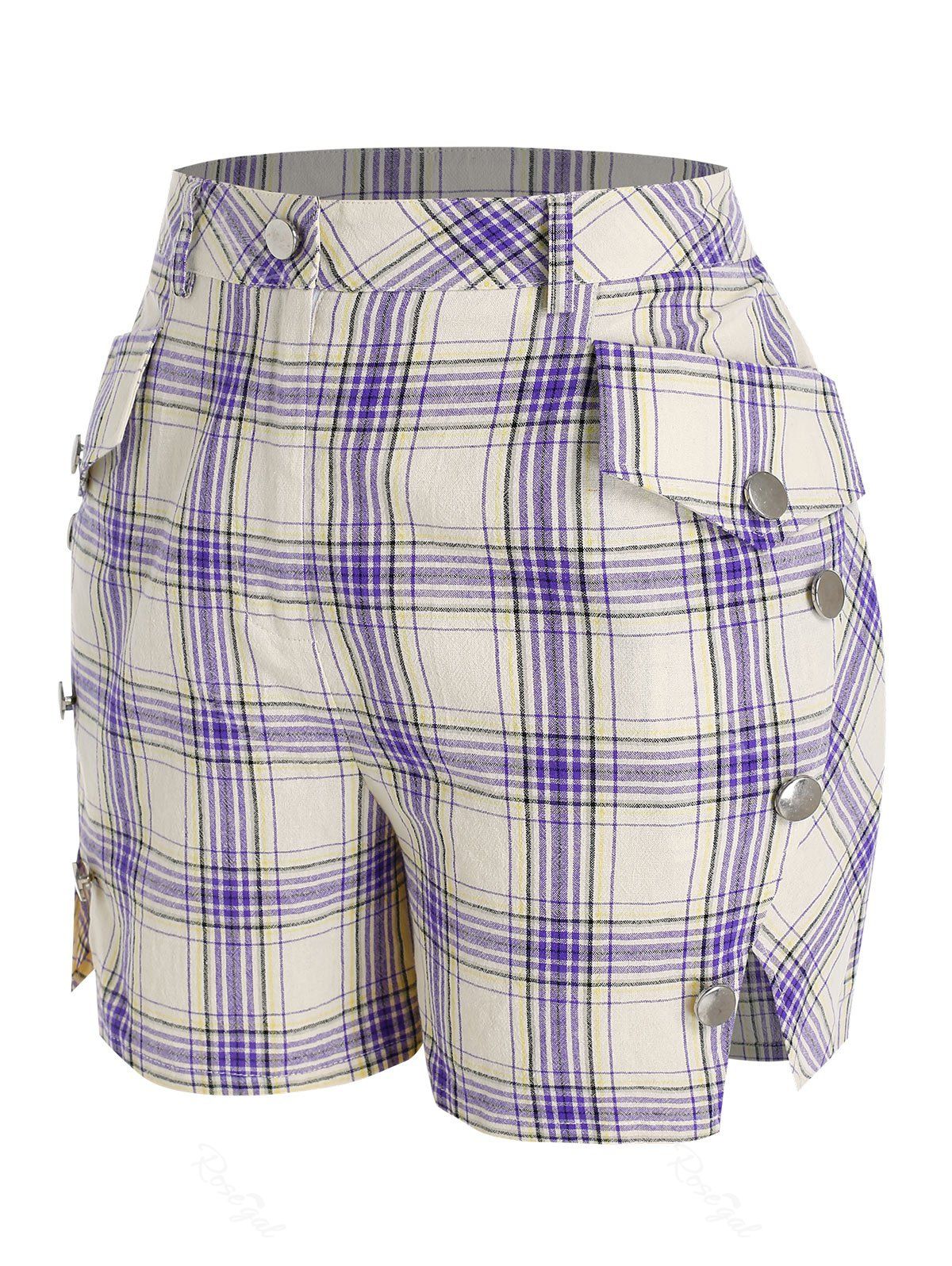 Buy Plus Size Plaid Slit Pocket Mock Button Shorts  