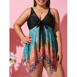 

Plus Size Handkerchief Paisley Print Mesh Tankini Swimwear, Multi