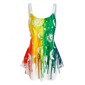 

Sun Moon Star Rainbow Paint Print Curved Hem Tank Top, Multi