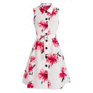 

Flower Print Sleeveless Belted Shirt Dress, White