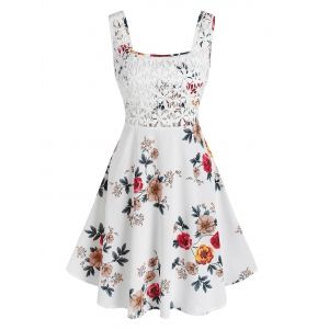 

Sleeveless Floral Print Lace Panel Dress, White