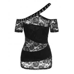 

Cut Out Flower Lace Skew Neck T-shirt, Black