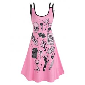 

Cartoon Skull Print Sleeveless Tank Dress, Light pink