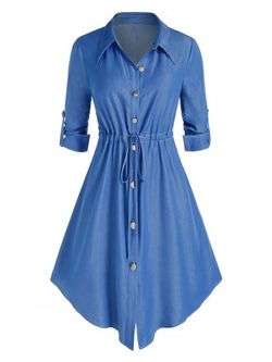 Plus Size Drawstring Waist Roll Up Sleeve Shirt Midi Dress - BLUE - 1X