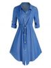 Robe Chemise Mi-longue Taille à Cordon de Grande Taille à Manches Roulées - Bleu 2X
