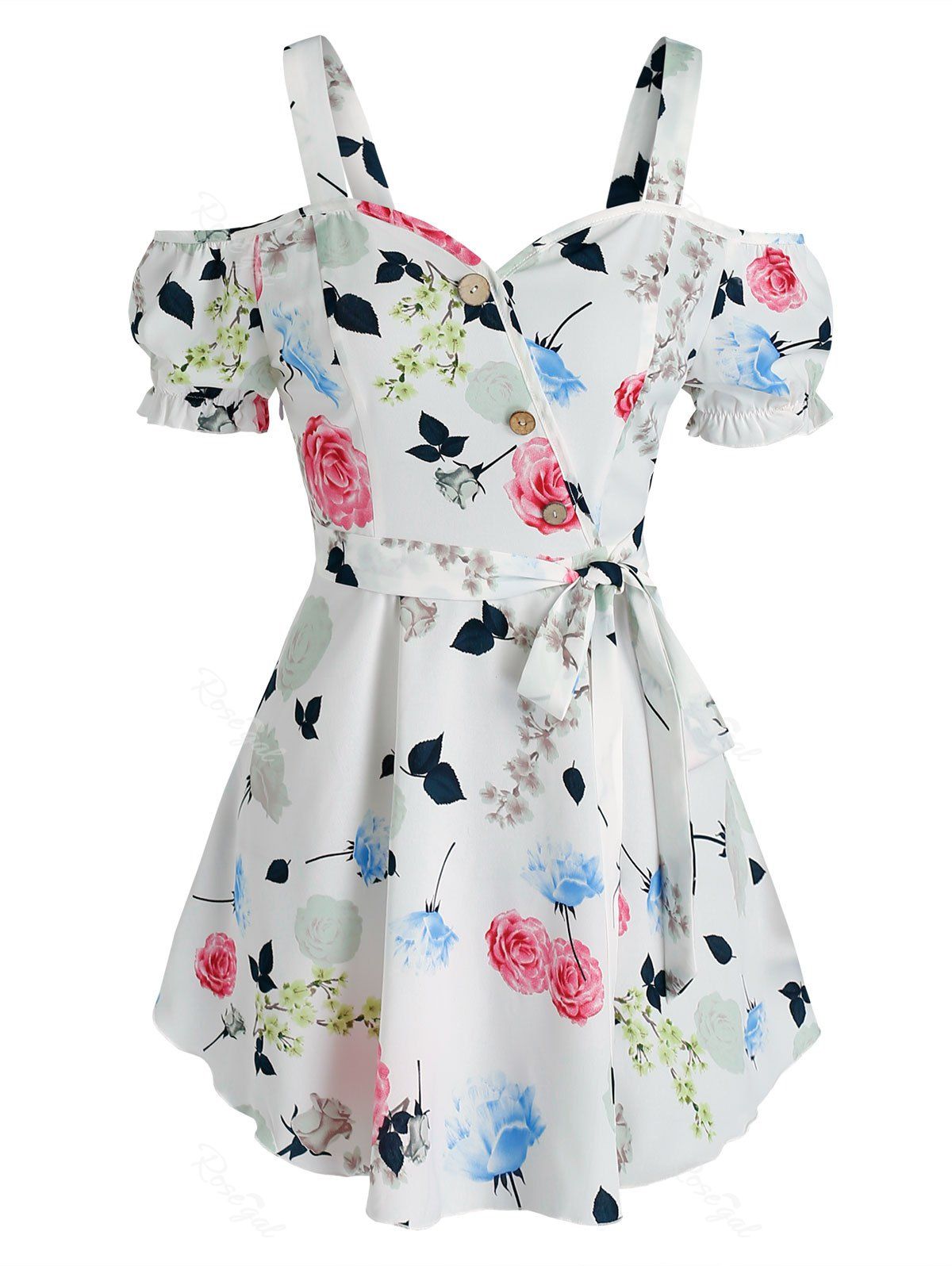 Fashion Floral Print Mock Button Open Shoulder Belted Blouse  