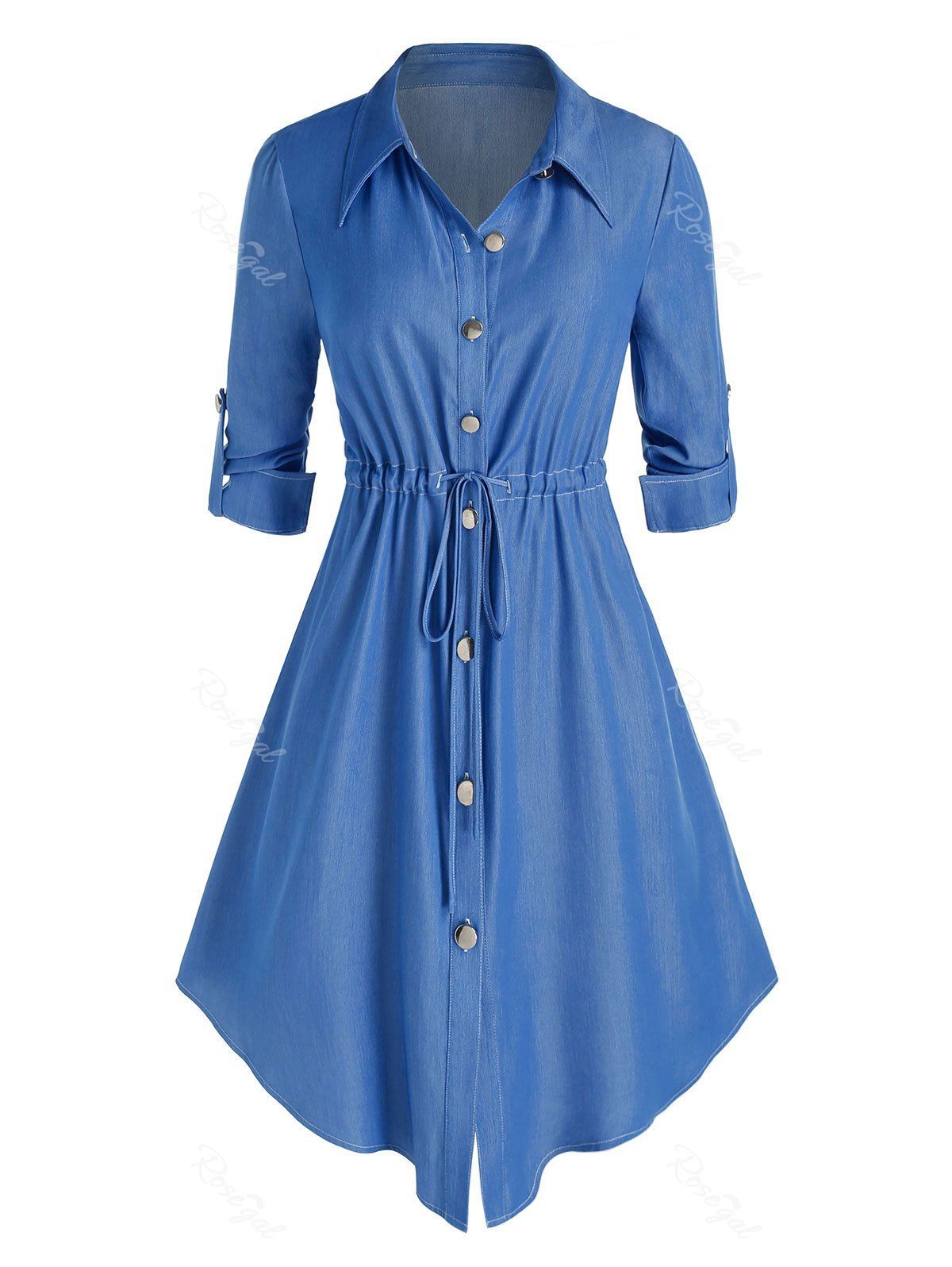 Robe Chemise Mi-longue Taille à Cordon de Grande Taille à Manches Roulées Bleu 2X