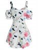 Floral Print Mock Button Open Shoulder Belted Blouse -  