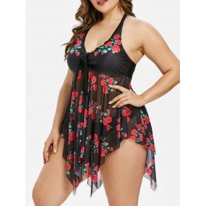 

Plus Size Floral Mesh See Thru Handkerchief Tankini Swimwear, Black